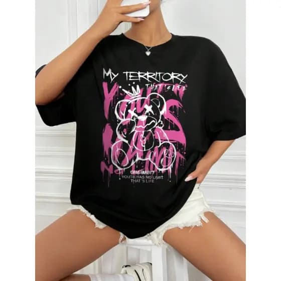 Camiseta Ombro Caído urso Streetwear T-shirt Camisa Blogueira Style Plus Size
