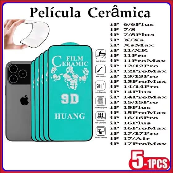 Película Cerâmica 9D 3D iPhone Gel Hidrogel Flexível iPhone 17 16 15 14 13 12 11 Pro max XR 17AIR 15PROMAX 16PROMAX