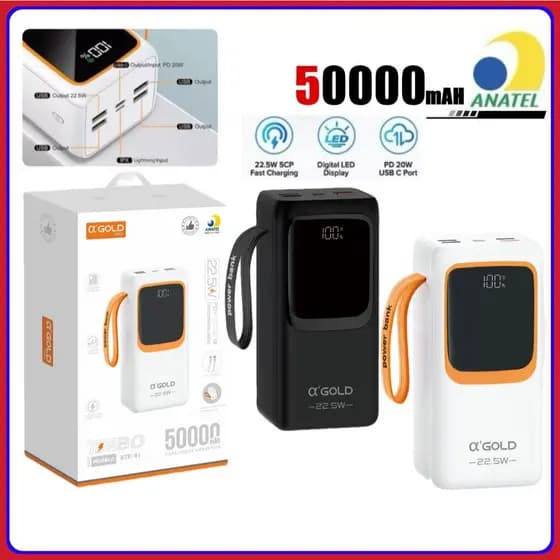 Carregador Portátil 50000 mAh Power Bank Grande Turbo 22.5W PD Rápido Com Lanterna Led Agold BTE-61