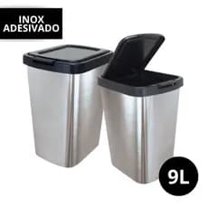 Lixeira Cesto Tipo Inox Com Tampa Click 9 Litros Label Retangular Plástico Automatica Prata Banheiro Pia Cozinha Quarto Escritório Lixo 9l Metalizado Plástica Promoção