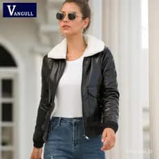 Vangull Jaqueta Feminina De Couro Pu De Lã Preta/De Pele Quente Com Zíper/Casual/Moto/Motoqueiro