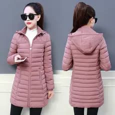 Coreana Slim Tamanho Máximo  Casaco De Algodão Manga Longa Zipper Comprimento Médio Sólido De Inverno Feminino Com Capuz