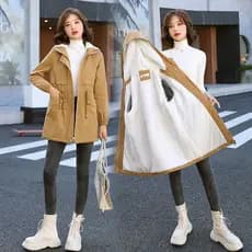Moda Inverno Nova Manga Longa Sólida Zíper Sólido Veludo Quente Casaco Parkas Feminino Com Capuz De Velo