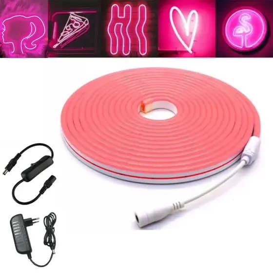 Fita Led Neon 5m Rosa Pink 12v Com Fonte 12V 3A e Interruptor P4 DC liga desliga fita rosa neon