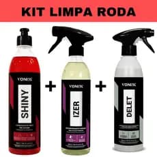 Kit Rodas 500ml Shiny Pretinho + Izer Descontaminante Ferroso + Delet Limpa Borracha Vonixx