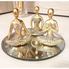Kit Com 3 Estátuas Enfeite Decorativo Meditação Posições De Yoga 6cm + Bandeja Espelhada