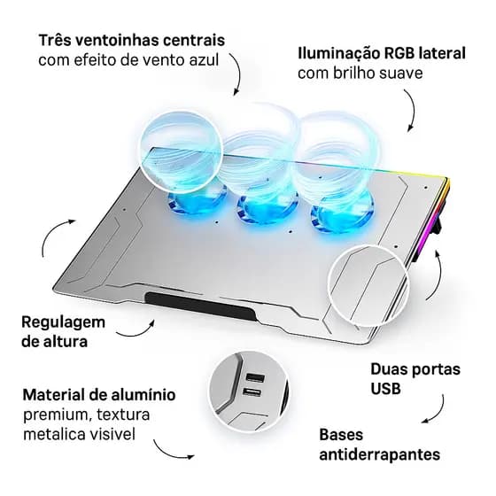 Suporte Notebook Gamer Alumínio 3 Coolers RGB Base Refrigerada