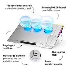 Suporte Notebook Gamer Alumínio 3 Coolers RGB Base Refrigerada