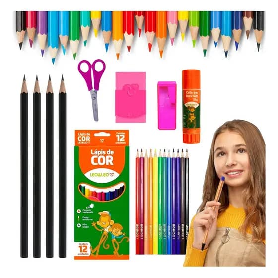 Kit Material Escolar Leo&leo Lápis Borracha Cola Apontador Tesoura - material escolar