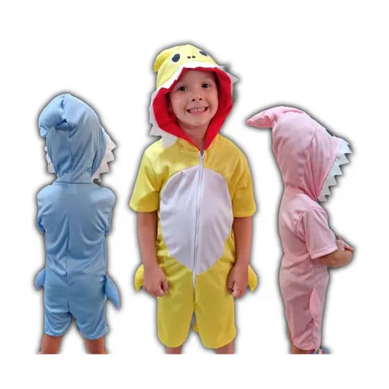 Fantasia Tubarão Shark Infantil Menino Menina Curto Amarelo Azul Rosa Luxo Top Barato