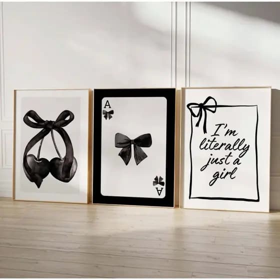 Quadros decorativos Cereja Laço Carta Abstrato Preto e Branco (3 peças)