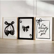 Quadros decorativos Cereja Laço Carta Abstrato Preto e Branco (3 peças)