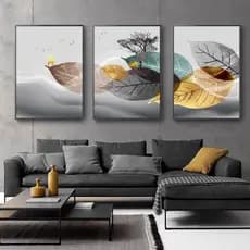 Quadro decorativo 3 peças 40x60 moderno dourado Estilo nórdico Abstrato Preto e Branco Planta minimalista para sala de estar