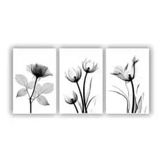 kit quadros 3peças 60x40 flores cinza preto e branco
