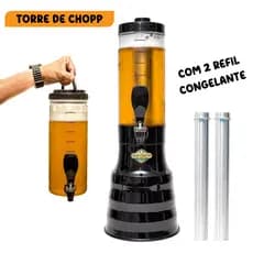 Torre de Chopp 2L C/ Torneira Italiana e Alça de Transporte + 2 Refis Congelantes e Acessórios