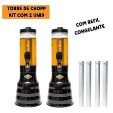 Torre de Chopp 2 Litros Beer Chopp Preto com 4 Refil Congelante Kit com 2 UNID de Torre