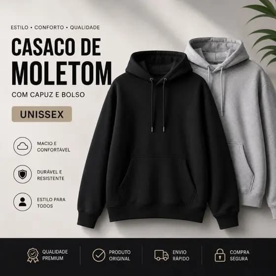 Casaco de Moletom Unissex com Capuz e Bolso