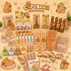 Kit Papelaria Kawai Capivara Tesoura Chaveiro Caneta Adesivo Caderno Apontador Régua Borracha Presente Fofo