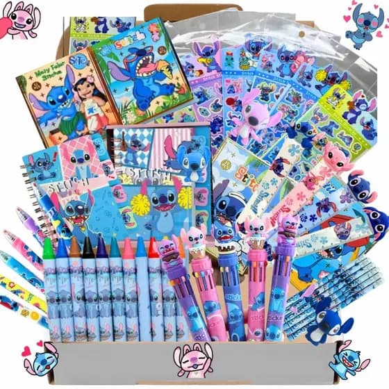 Kit Stitch Papelaria Fofa Kawaii 12 Itens Presente Criativo Menino Caneta Marca Texto Lápis Borracha Adesivo Caderninho