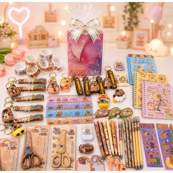 Kit Papelaria Capivara Completo Tesoura Chaveiro Presente Infantil Kawaii Com Sacola E Laço Escolar Fofo Criativo