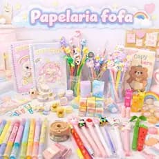 Kit Itens Papelaria Criativa Canetas Canetinhas Caderninhos Tesoura Cola Escolar Fofa Brindes Presentes Kawaii Fofo