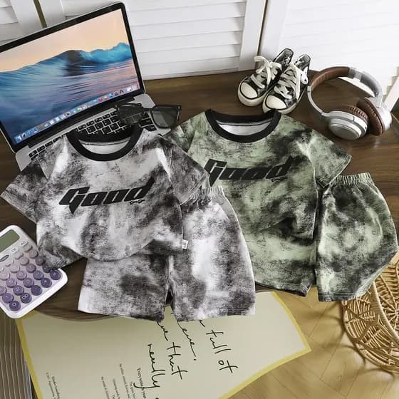 0-12 anos de idade meninos verão novo estilo Tie-Dye camiseta de manga curta terno