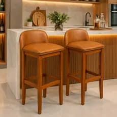Kit Cadeiras Banquetas Altas Para Balcão Cozinha Gourmet Em Madeira Eucalipto Detalhe Em Corino Marrom Luxo Envio Rápido