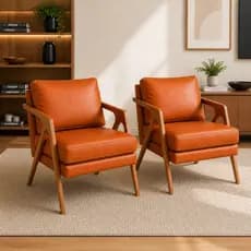 Kit Poltrona Decorativa Sala de Estar Luxo Courino Preto Caramelo Pés Em Madeira Design Moderno Confortável Resistente