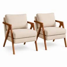 Kit 2 Poltrona Decorativa Em Linho Bege E Cinza Sala De Estar Luxo Pés Em Madeira Design Moderno Confortável Resistente