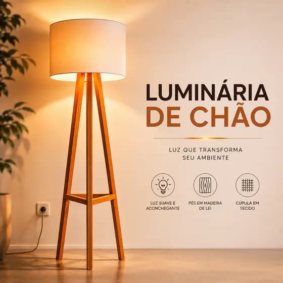 Luminária Abajur De Chão Em Madeira Com Cúpula Em Tecido Moderna Decorativa Para Sala Quarto Moderna