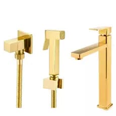 Ducha Higiênica Dourada Quadrada Completa + Torneira Bica Alta Quadrada Metal Dourado Água Fria