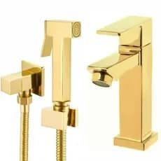 Kit Ducha Higiênica Dourada e Torneira Bica Baixa Dourada Metal