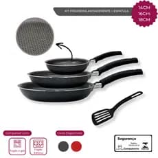 Conjunto de Frigideiras para Ovo Panquecas e Tapioca Antiaderente 3 Peças com Espátula ALEGRETE