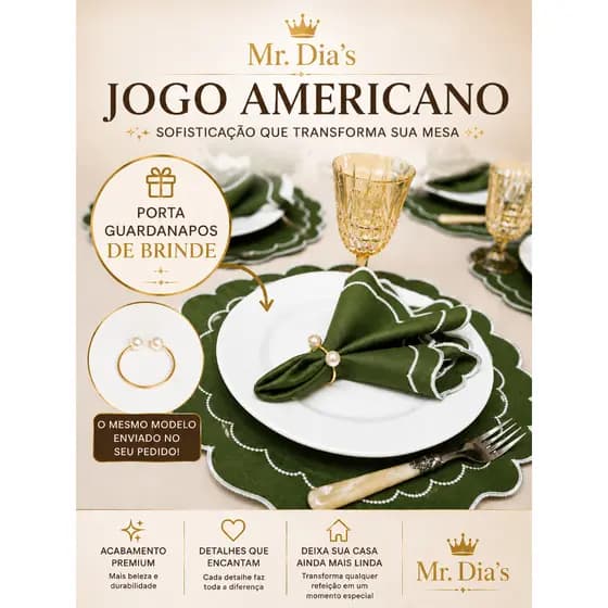 Kit Jogo Americano 04 Peças + Porta Guardanapo Para Mesa 2 Lugares Mesa Posta Sousplat Supla