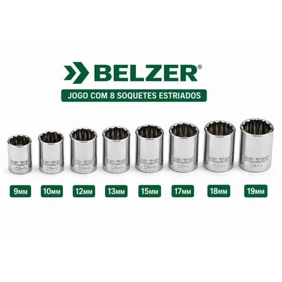 🔧 Jogo com 8 Soquetes Estriados – Belzer (9 a 19mm)