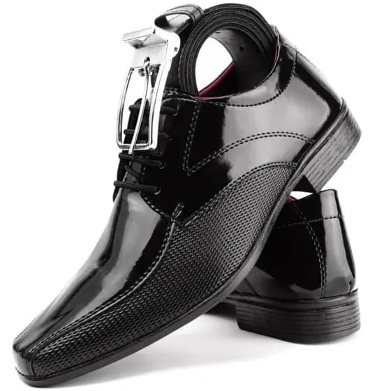 Sapato social masculino preto verniz de amarrar + cinto social dupla face