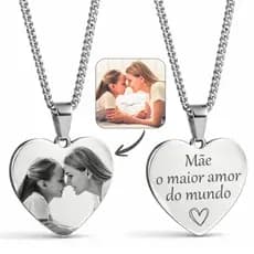 Colar Coração Personalizado com Foto Gravada a Laser Aço Inox Presente Dia das Mães