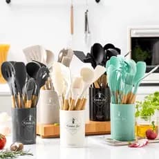 Kit Conjunto 12 Pçs De Utensílios Facas Silicone Cozinha Jogo Completo Batedeira Colher Pegador