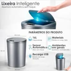 Lixeira Sensor Automática Inteligente de Banheiro Cozinha Escritório Capacidade 16 Litros