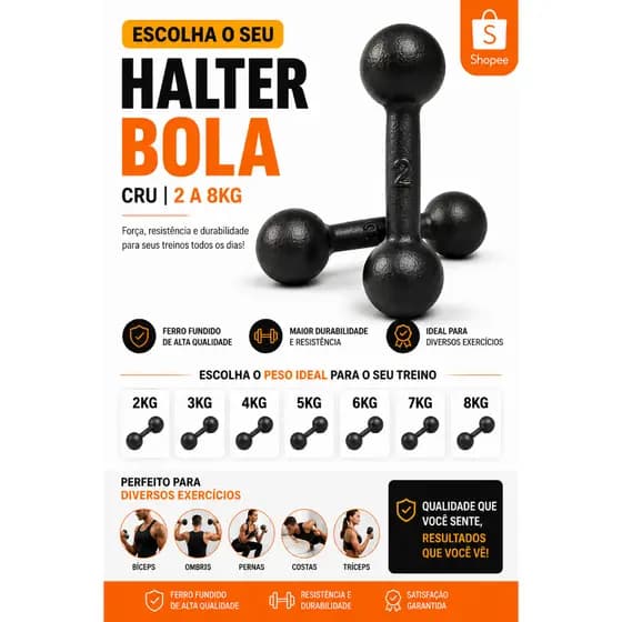 Par de Halter Bola Ferro Fundido Cru 2kg 3kg 4kg 5kg 6kg 7kg 8kg