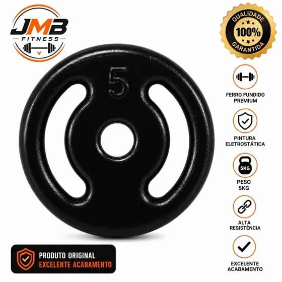 01 Anilha Emborrachada 5kg Ferro Fundido Furo 30mm Musculação Academia Cross Training JMB Fitness.