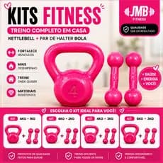 Kit Academia em Casa Feminino Rosa – Kettlebell + Par de Halteres Emborrachados | JMB Fitness