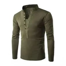 Camiseta Casual Masculina de Manga Longa, Camisetas Masculinas com Gola Alta e Botões, Camiseta com Decote em V, Camiset