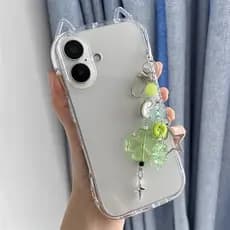 Moda 3D Bonito Orelhas De Gato Capa De Telefone Transparente + Estrela Trevo De Quatro Folhas Chaveiro Para iPhone 17