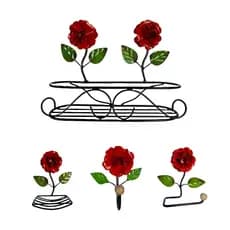 Kit De Banheiro Artesanal Com Flor Em Ferro Rustico 4 Peças Decorativo