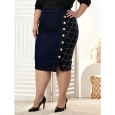 Saia Jeans Tradicional com botões e costuras em xadrez Plus Size Anagrom Moda Evangélica
