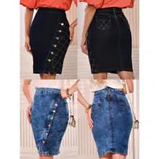 Saia Jeans Lápis Moda Evangélica Anagrom Cores Diferentes Detalhes em costuras Zig Zag