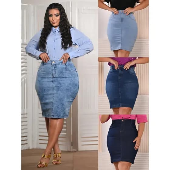 Saia Jeans Básica Tradicional Plus Size Anagrom Moda Evangélica Várias Cores Disponíveis