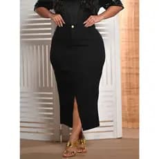 Saia Jeans Plus Size Preta  Abertura na Frente e Atrás Elastano Cintura Alta Anagrom Unidade e Kit