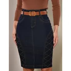 Saia Jeans Moda Evangélica Elegante com Cinto Anagrom detalhes Xadrez Ref.039